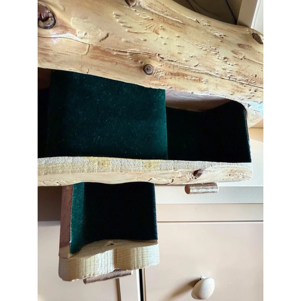 VTG Cedar Log Jewelry Box Hidden Drawer Heart Green Velvet Rustic 13